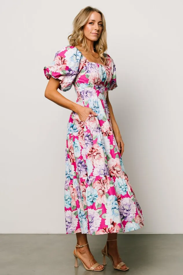 Iva Puff Sleeve Midi Dress Fuchsia Multi Floral Women Baltic Born Bump Friendly Iva Puff Sleeve Midi Dress Fuchsia Multi Floral Women Baltic Born Bump Friendly