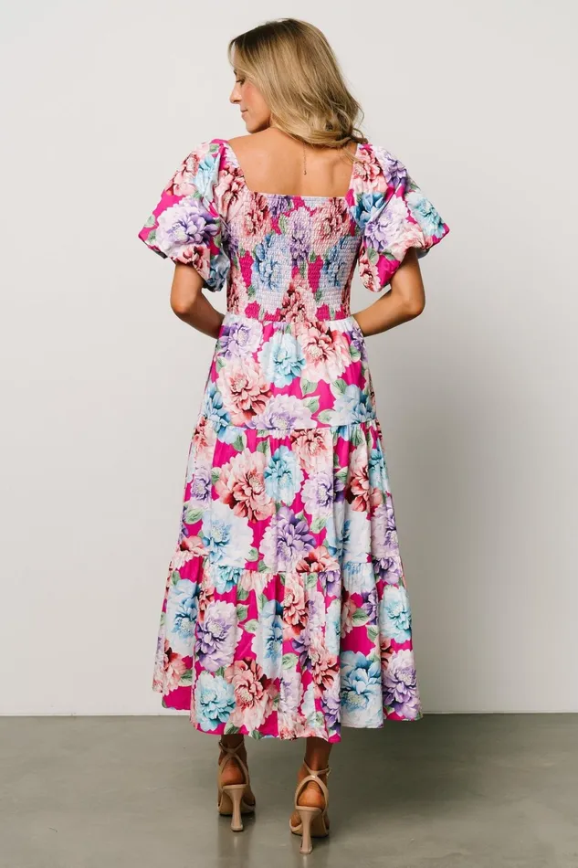 Iva Puff Sleeve Midi Dress Fuchsia Multi Floral Women Baltic Born Bump Friendly Iva Puff Sleeve Midi Dress Fuchsia Multi Floral Women Baltic Born Bump Friendly