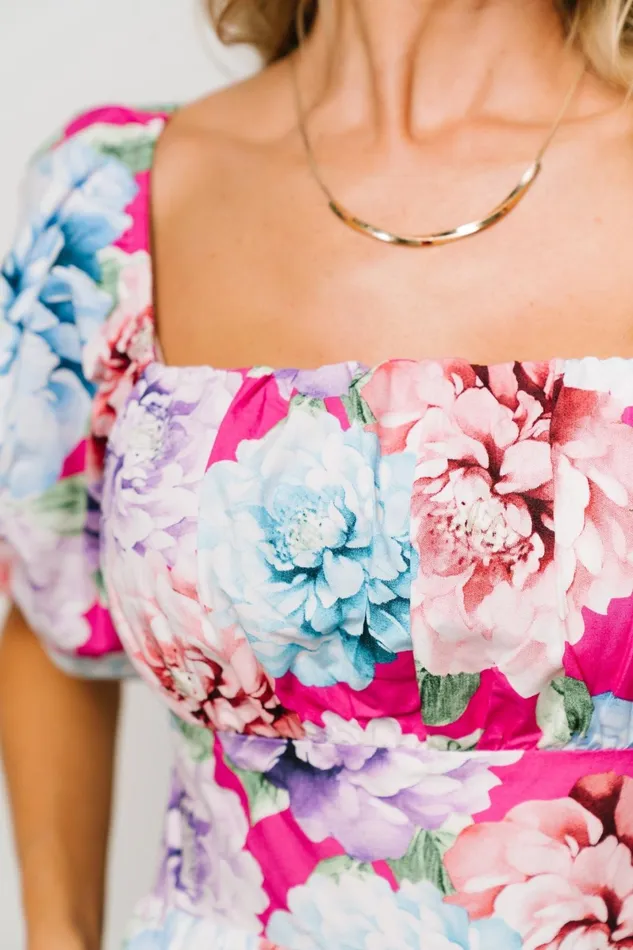 Iva Puff Sleeve Midi Dress Fuchsia Multi Floral Women Baltic Born Bump Friendly Iva Puff Sleeve Midi Dress Fuchsia Multi Floral Women Baltic Born Bump Friendly