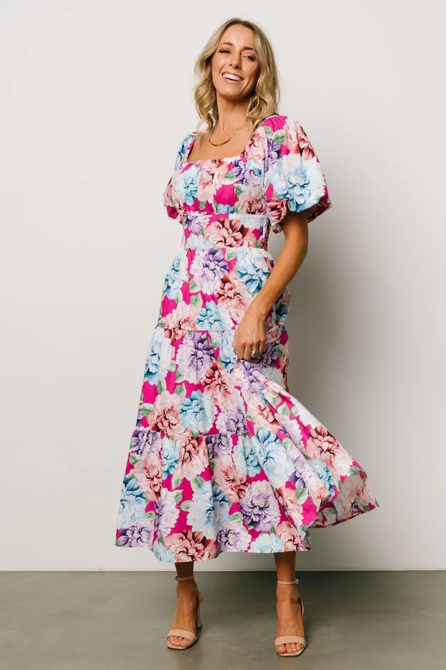 Iva Puff Sleeve Midi Dress Fuchsia Multi Floral Women Baltic Born Bump Friendly Iva Puff Sleeve Midi Dress Fuchsia Multi Floral Women Baltic Born Bump Friendly