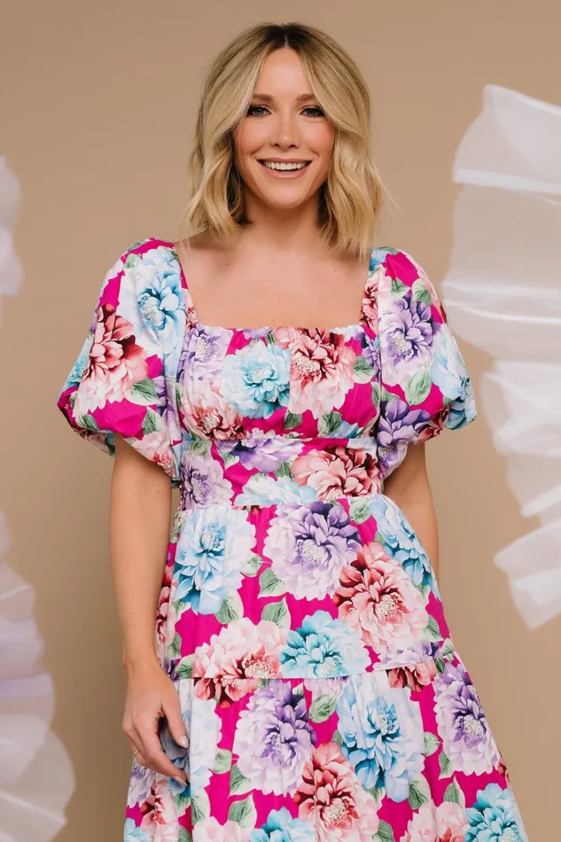 Iva Puff Sleeve Midi Dress Fuchsia Multi Floral Women Baltic Born Bump Friendly Iva Puff Sleeve Midi Dress Fuchsia Multi Floral Women Baltic Born Bump Friendly