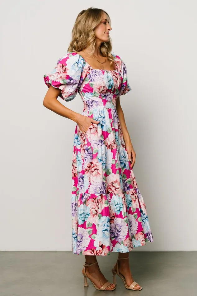 Iva Puff Sleeve Midi Dress Fuchsia Multi Floral Women Baltic Born Bump Friendly Iva Puff Sleeve Midi Dress Fuchsia Multi Floral Women Baltic Born Bump Friendly