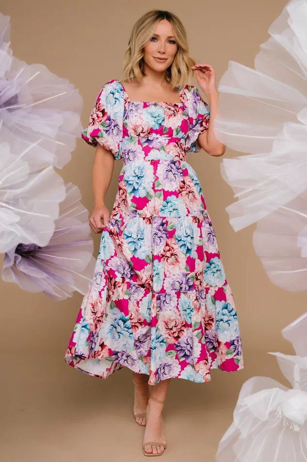 Iva Puff Sleeve Midi Dress Fuchsia Multi Floral Women Baltic Born Bump Friendly Iva Puff Sleeve Midi Dress Fuchsia Multi Floral Women Baltic Born Bump Friendly