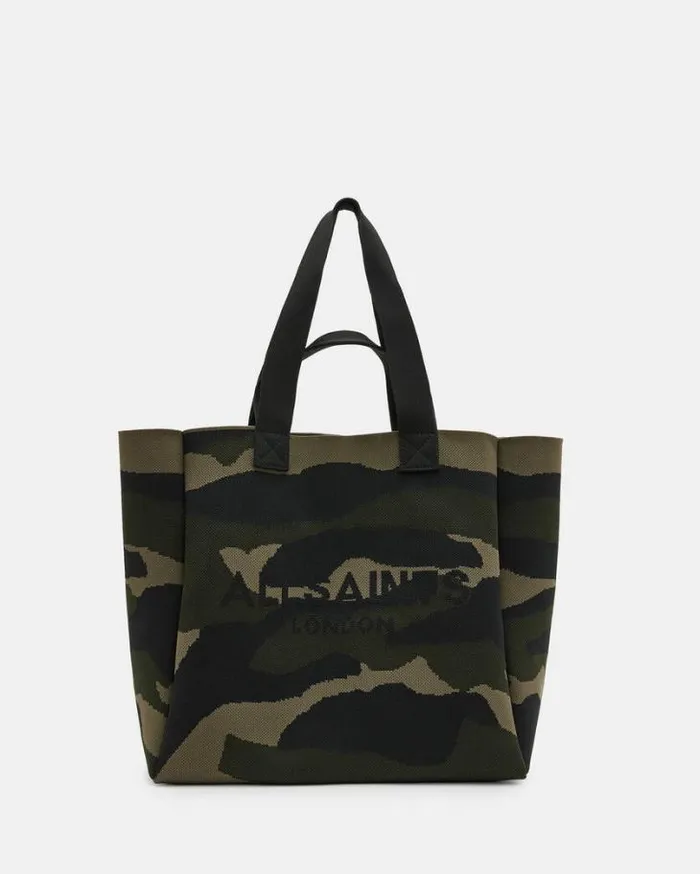Izzy Logo Print Knitted Tote Bag Camo Green Women AllSaints Handbags and Wallets