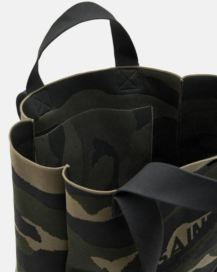 Izzy Logo Print Knitted Tote Bag Camo Green Women AllSaints Handbags and Wallets Izzy Logo Print Knitted Tote Bag Camo Green Women AllSaints Handbags and Wallets