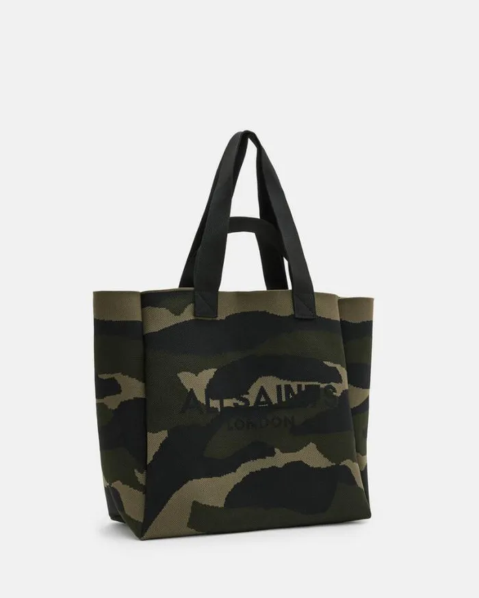 Izzy Logo Print Knitted Tote Bag Camo Green Women AllSaints Handbags and Wallets Izzy Logo Print Knitted Tote Bag Camo Green Women AllSaints Handbags and Wallets