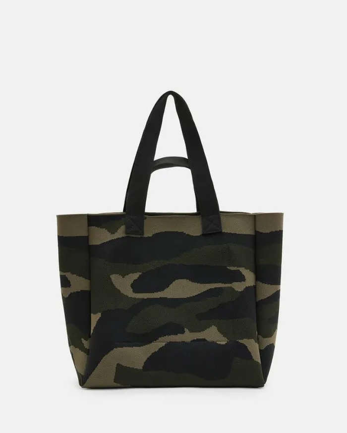 Izzy Logo Print Knitted Tote Bag Camo Green Women AllSaints Handbags and Wallets Izzy Logo Print Knitted Tote Bag Camo Green Women AllSaints Handbags and Wallets