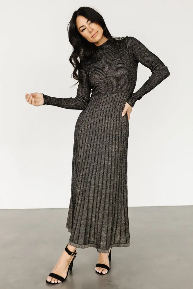 Jamelia Pleated Sweater Dress Black Gold Women Baltic Born Bump Friendly