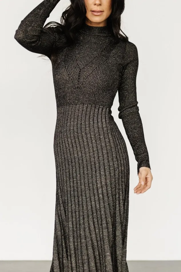 Jamelia Pleated Sweater Dress Black Gold Women Baltic Born Bump Friendly Jamelia Pleated Sweater Dress Black Gold Women Baltic Born Bump Friendly