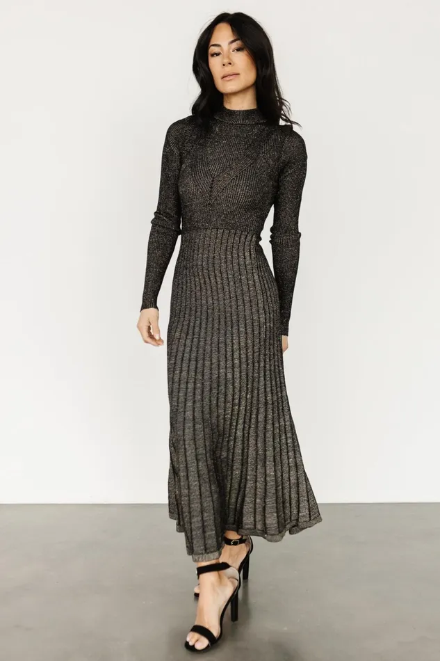 Jamelia Pleated Sweater Dress Black Gold Women Baltic Born Bump Friendly Jamelia Pleated Sweater Dress Black Gold Women Baltic Born Bump Friendly