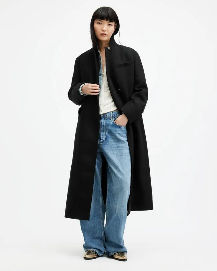 James Wool Blend Maxi Length Coat Black Women AllSaints Jackets and Coats