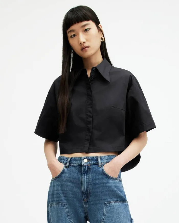Joanna Relaxed Fit Cropped Shirt Black Women AllSaints Tops and Shirts