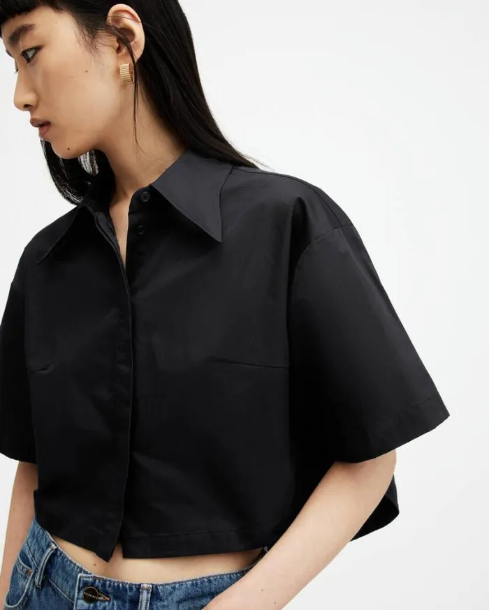 Joanna Relaxed Fit Cropped Shirt Black Women AllSaints Tops and Shirts