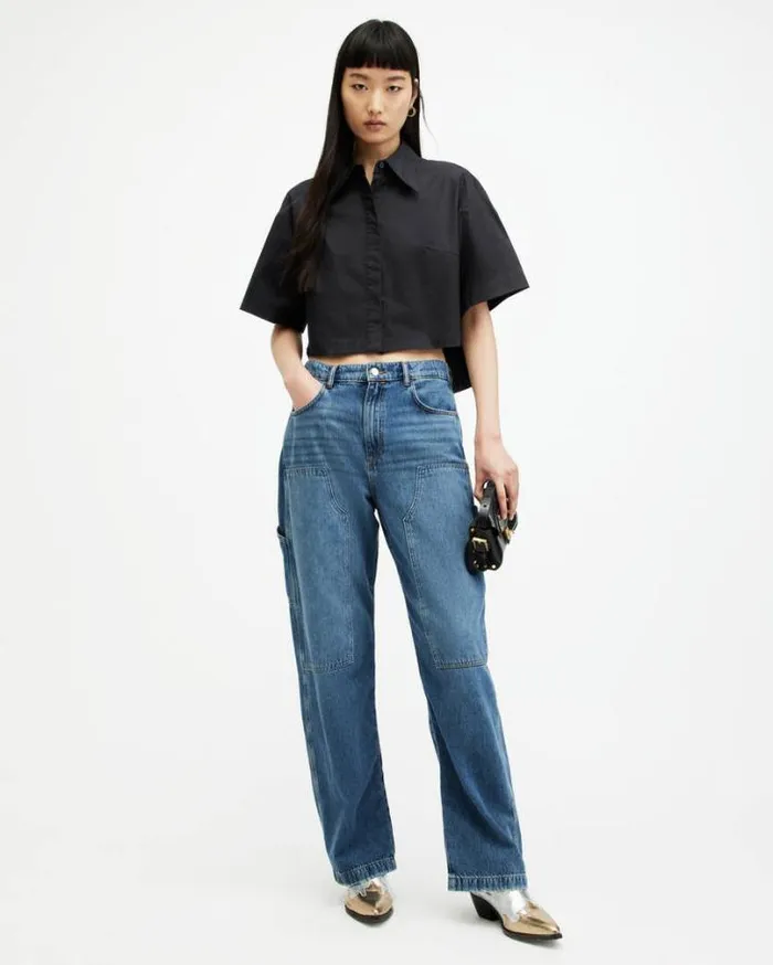Joanna Relaxed Fit Cropped Shirt Black Women AllSaints Tops and Shirts