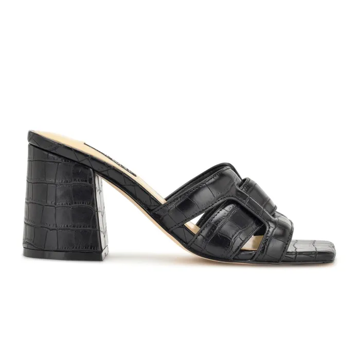 Kaelyn Heeled Slide Sandals Black Croco Women Nine West Dress