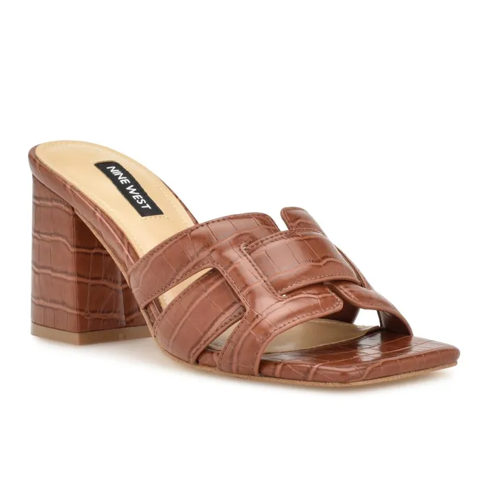 Kaelyn Heeled Slide Sandals Brown Croco Women Nine West Dress Kaelyn Heeled Slide Sandals Brown Croco Women Nine West Dress