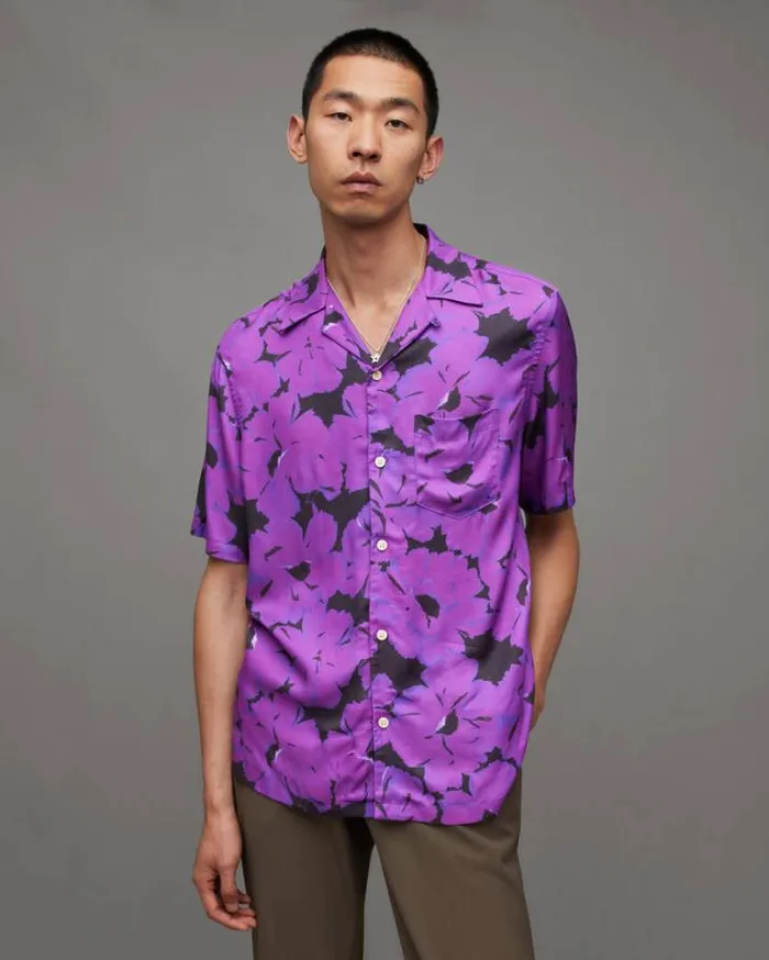 Kaza Floral Print Relaxed Fit Shirt Electric Purple Men AllSaints Shirts