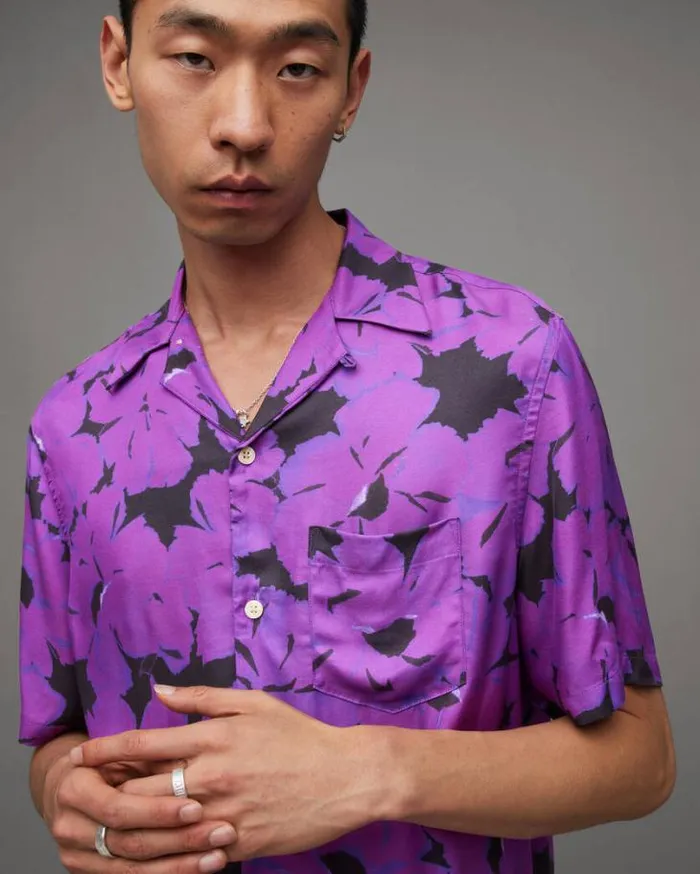 Kaza Floral Print Relaxed Fit Shirt Electric Purple Men AllSaints Shirts