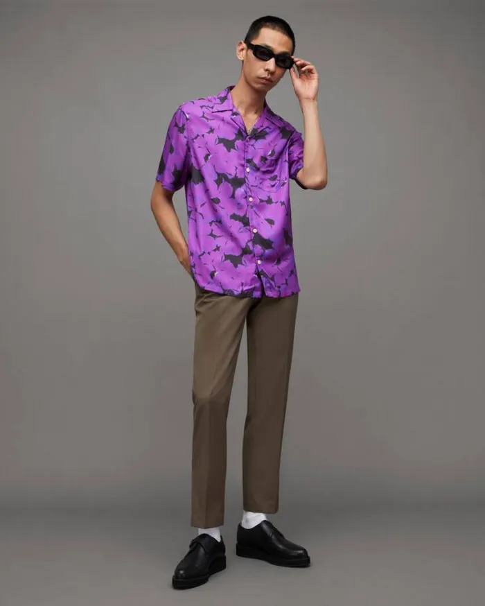 Kaza Floral Print Relaxed Fit Shirt Electric Purple Men AllSaints Shirts