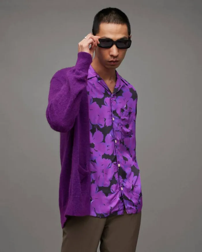 Kaza Floral Print Relaxed Fit Shirt Electric Purple Men AllSaints Shirts