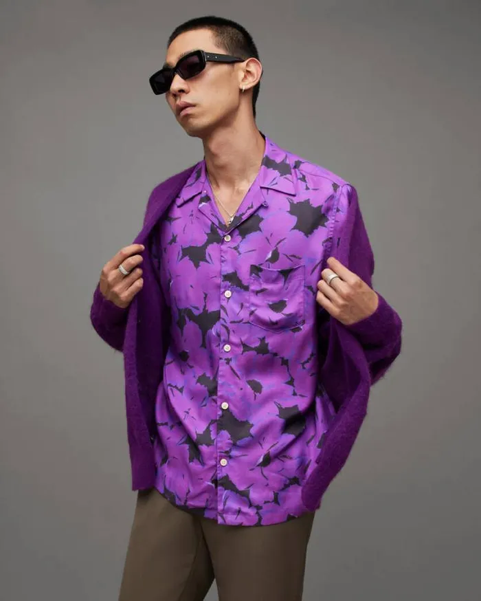 Kaza Floral Print Relaxed Fit Shirt Electric Purple Men AllSaints Shirts