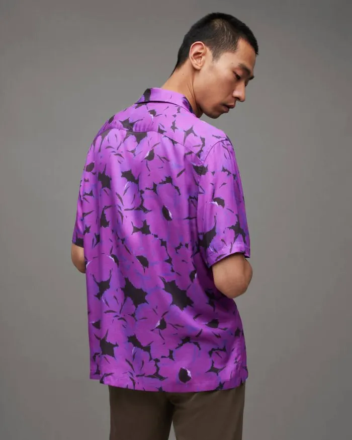 Kaza Floral Print Relaxed Fit Shirt Electric Purple Men AllSaints Shirts
