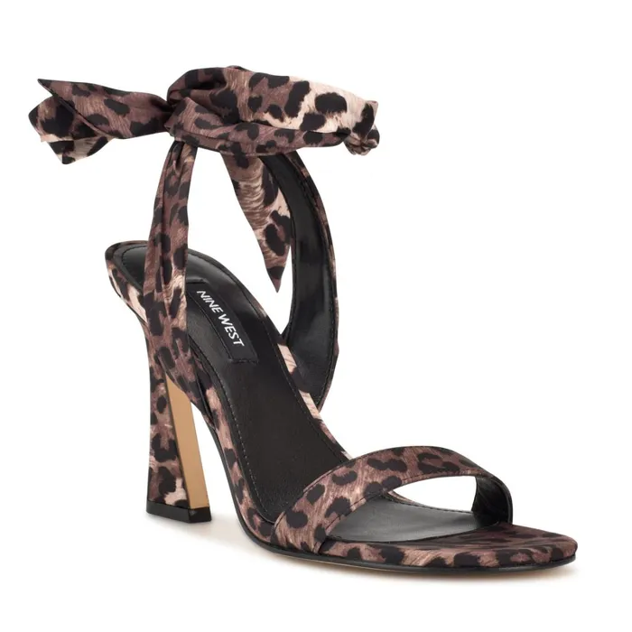 Kelsie Ankle Wrap Heeled Sandals Leopard Satin Women Nine West Heeled Kelsie Ankle Wrap Heeled Sandals Leopard Satin Women Nine West Heeled