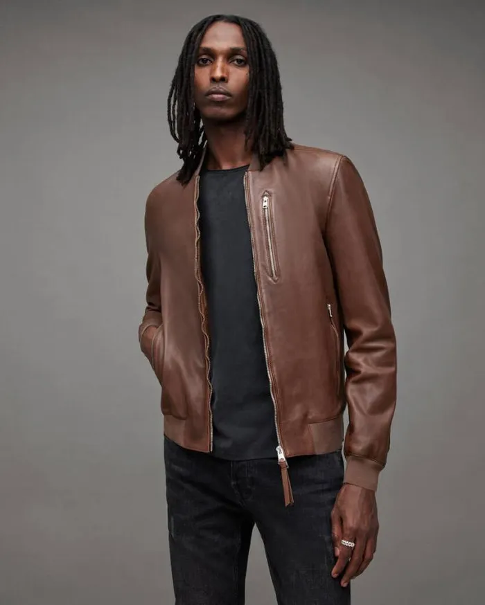 Kemble Zip Up Leather Bomber Jacket Brown Men AllSaints Jackets and Coats