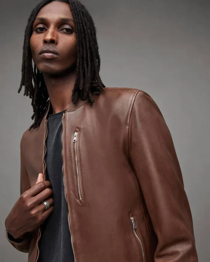 Kemble Zip Up Leather Bomber Jacket Brown Men AllSaints Jackets and Coats