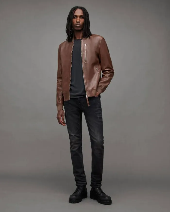 Kemble Zip Up Leather Bomber Jacket Brown Men AllSaints Jackets and Coats