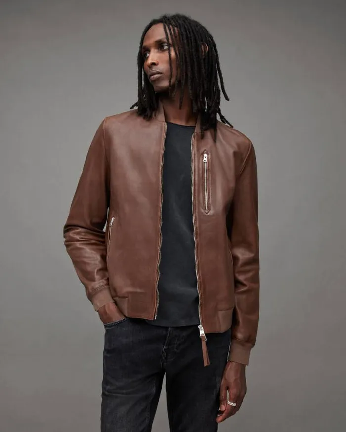 Kemble Zip Up Leather Bomber Jacket Brown Men AllSaints Jackets and Coats