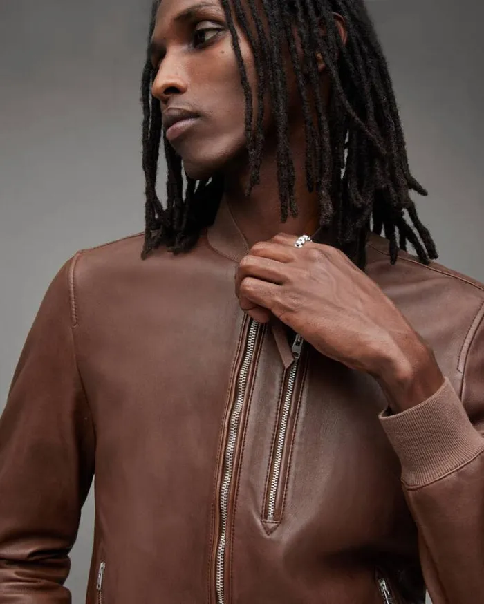 Kemble Zip Up Leather Bomber Jacket Brown Men AllSaints Jackets and Coats