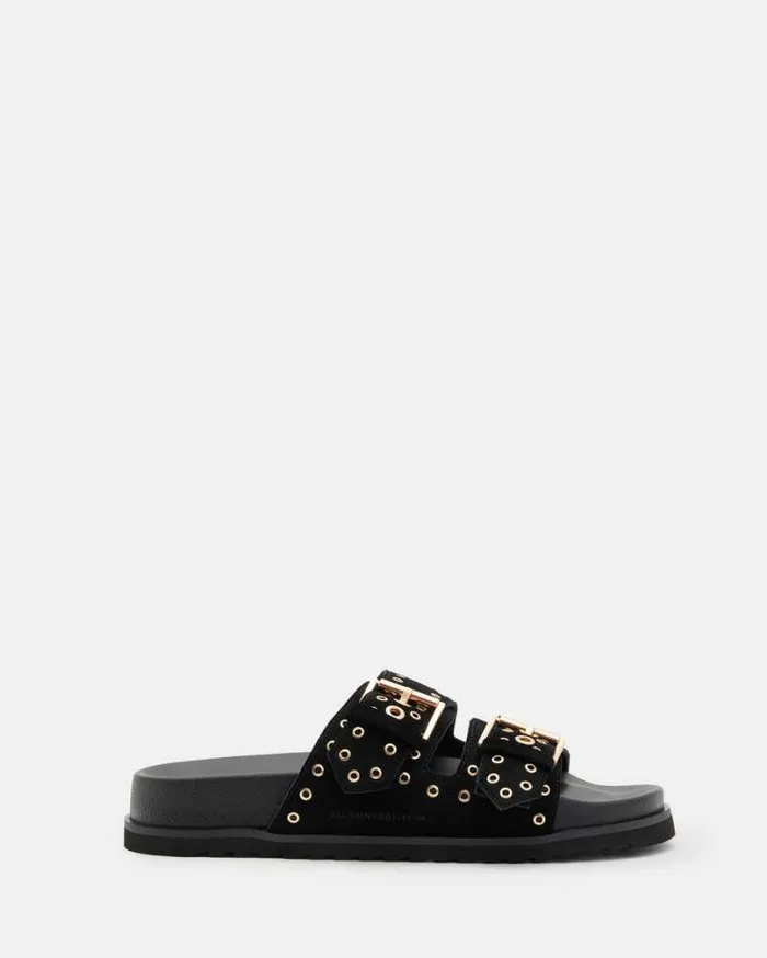Khai Two Strap Leather Eyelet Sandals Black Women AllSaints Shoes and Boots