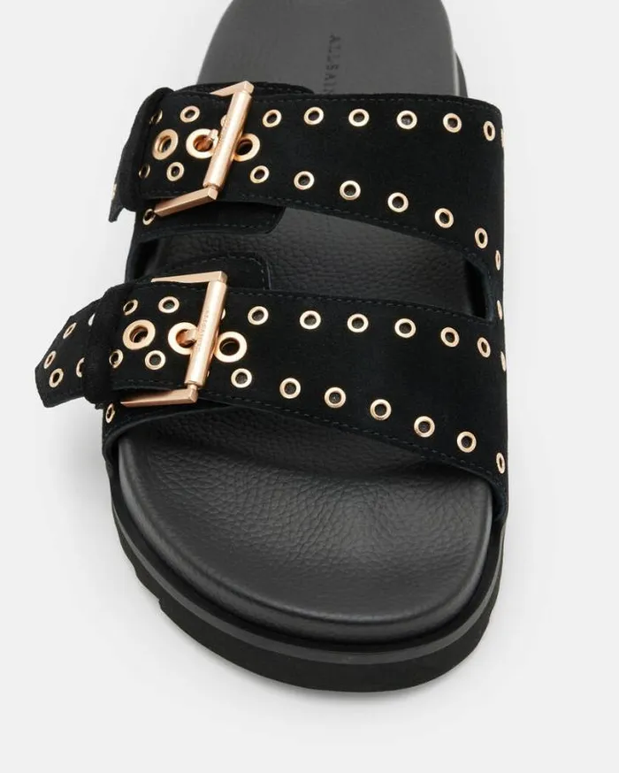 Khai Two Strap Leather Eyelet Sandals Black Women AllSaints Shoes and Boots