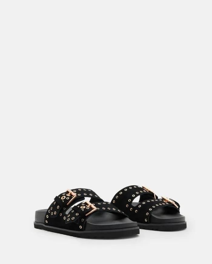 Khai Two Strap Leather Eyelet Sandals Black Women AllSaints Shoes and Boots