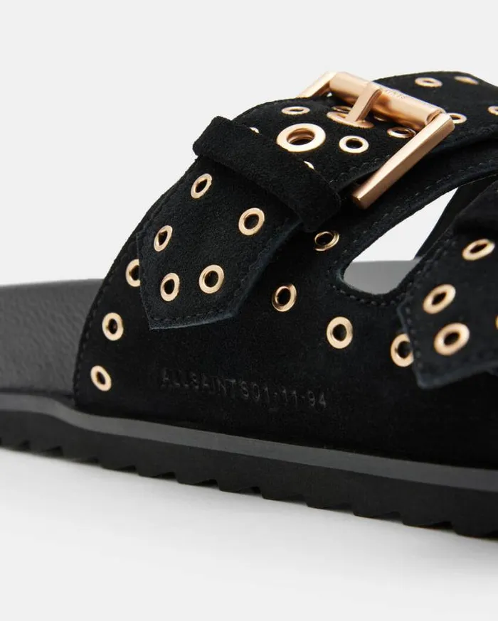 Khai Two Strap Leather Eyelet Sandals Black Women AllSaints Shoes and Boots