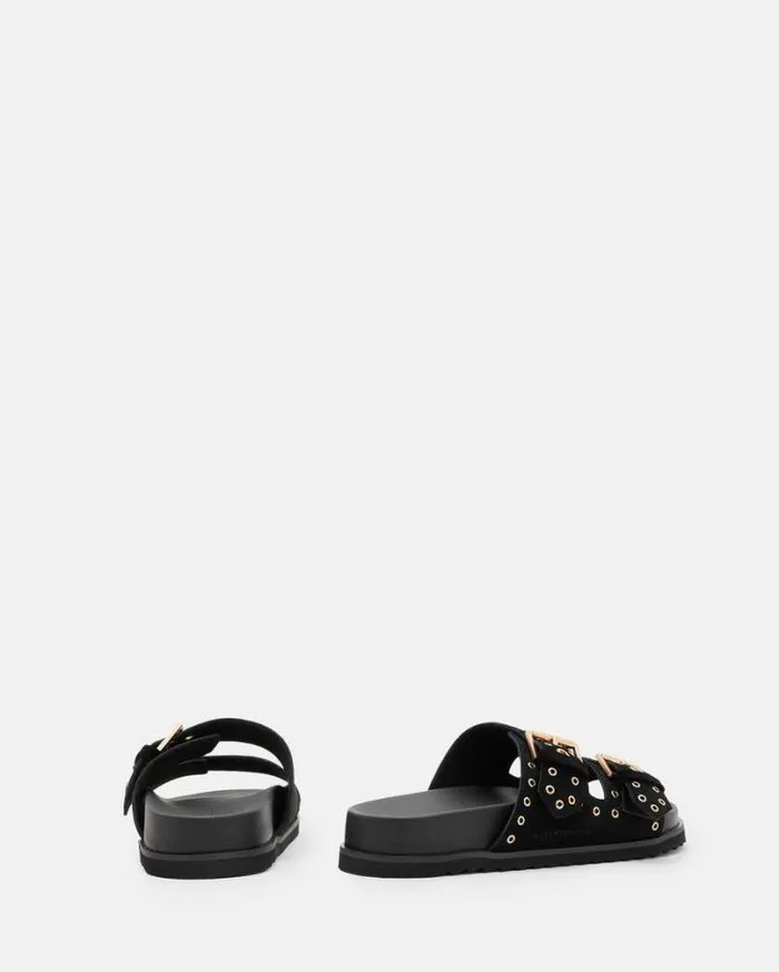 Khai Two Strap Leather Eyelet Sandals Black Women AllSaints Shoes and Boots