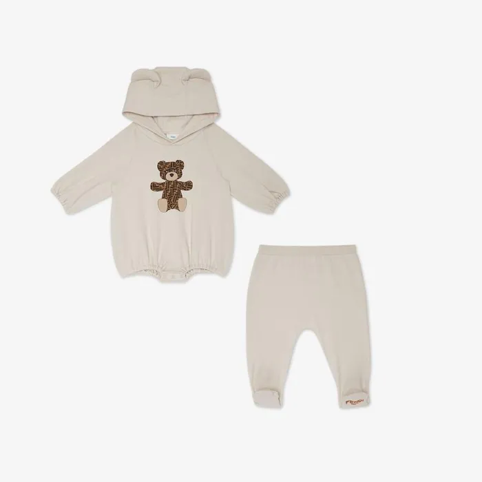 Kids Baby Set In Beige Jersey With Teddy Bear Print Fendi Baby Girl
