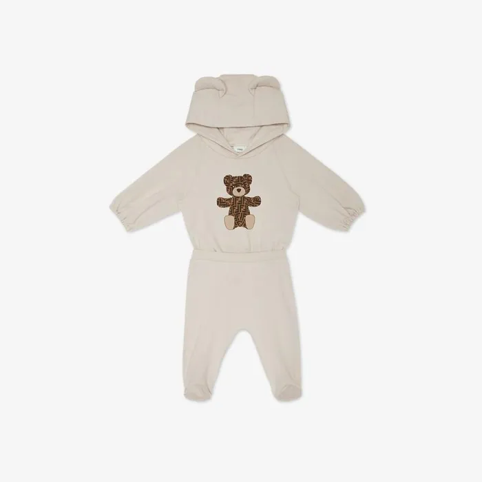Kids Baby Set In Beige Jersey With Teddy Bear Print Fendi Baby Girl