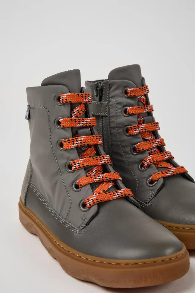 Kids Camper Boots Kiddo Gray Leather And Textile Ankle Boots For Kids