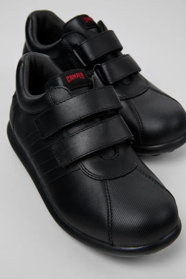 Kids Camper Hook And Loop Pelotas Black Leather Shoes For Kids