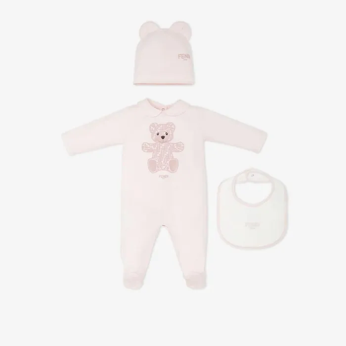 Kids Pink Jersey Teddy Bear Kit With Print Pink Fendi Baby Girl