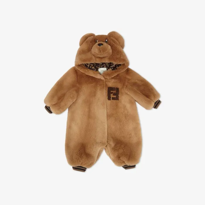 Kids Tobacco Coloured Sheared Mink Teddy Bear Playsuit Fendi Baby Boy