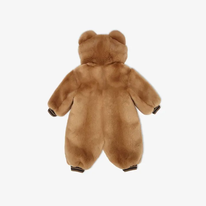 Kids Tobacco Coloured Sheared Mink Teddy Bear Playsuit Fendi Baby Boy