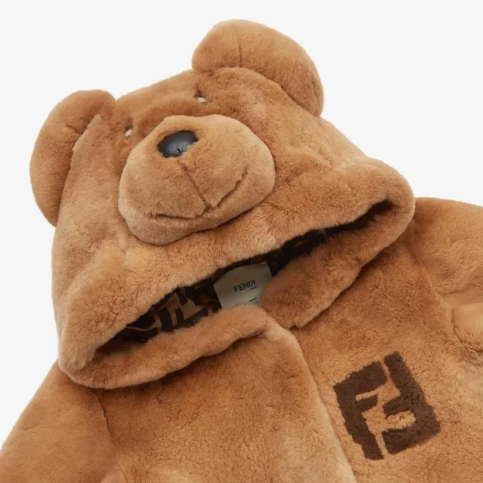 Kids Tobacco Coloured Sheared Mink Teddy Bear Playsuit Fendi Baby Boy