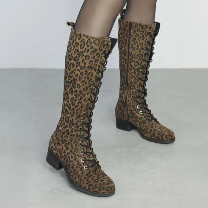 Knee High Boots Women Moda In Pelle Hailey Dark Leopard Suede