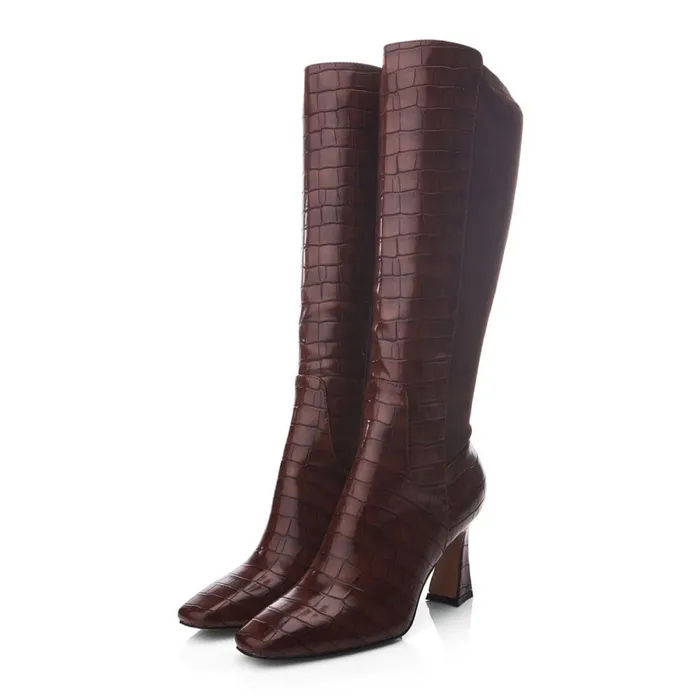 Knee High Boots Women Moda In Pelle Millea Brown Patent Mocc Croc