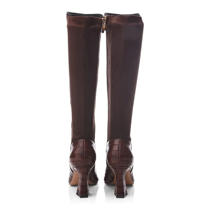 Knee High Boots Women Moda In Pelle Millea Brown Patent Mocc Croc