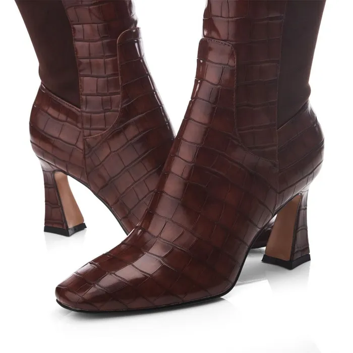 Knee High Boots Women Moda In Pelle Millea Brown Patent Mocc Croc