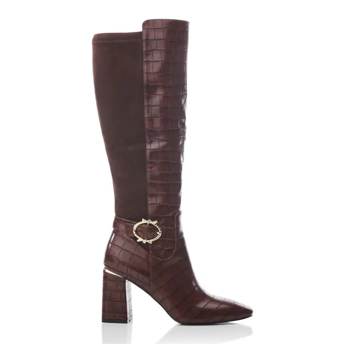 Knee High Boots Women Moda In Pelle Saretta Brown Patent Mocc Croc